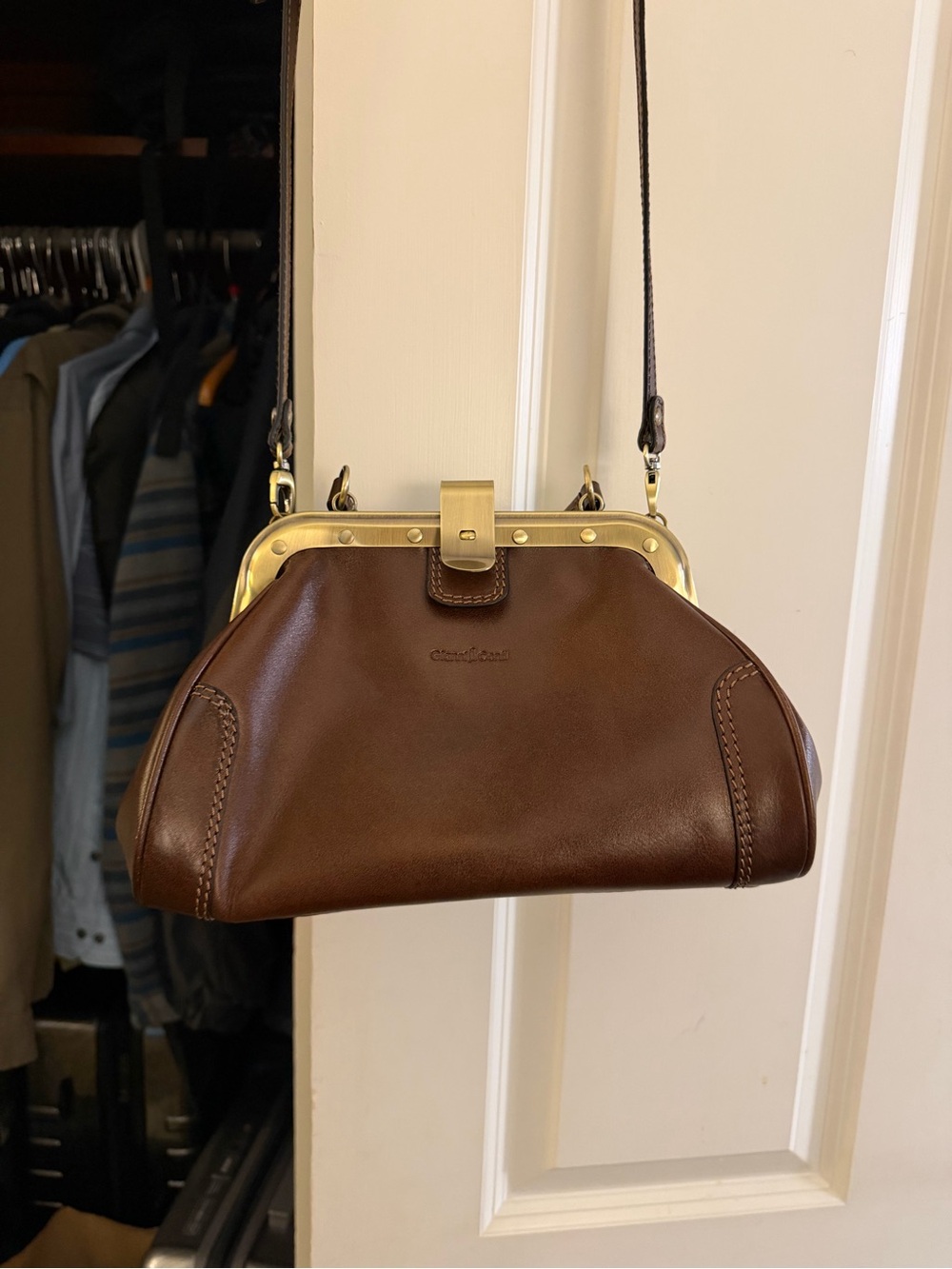 Gianni Conti Brown Leather Frame-Top Crossbody Bag - Picture 5 of 11